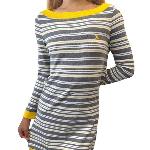 CHANEL Vintage CC Mark Logo Stripe Knit Dress One-Piece Gray Yellow [106377] - Picture 1 of 11